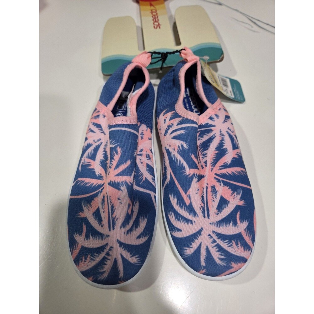 Speedo Girls 13-1 Pull On Water Shoes Beach Booties Blue Pink Palm Trees Shoe2